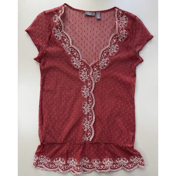 VTG Y2K Sheer Babydoll Top Womens S Red Embroidered Trim Mesh 90s Fairy Grunge - Picture 3 of 12